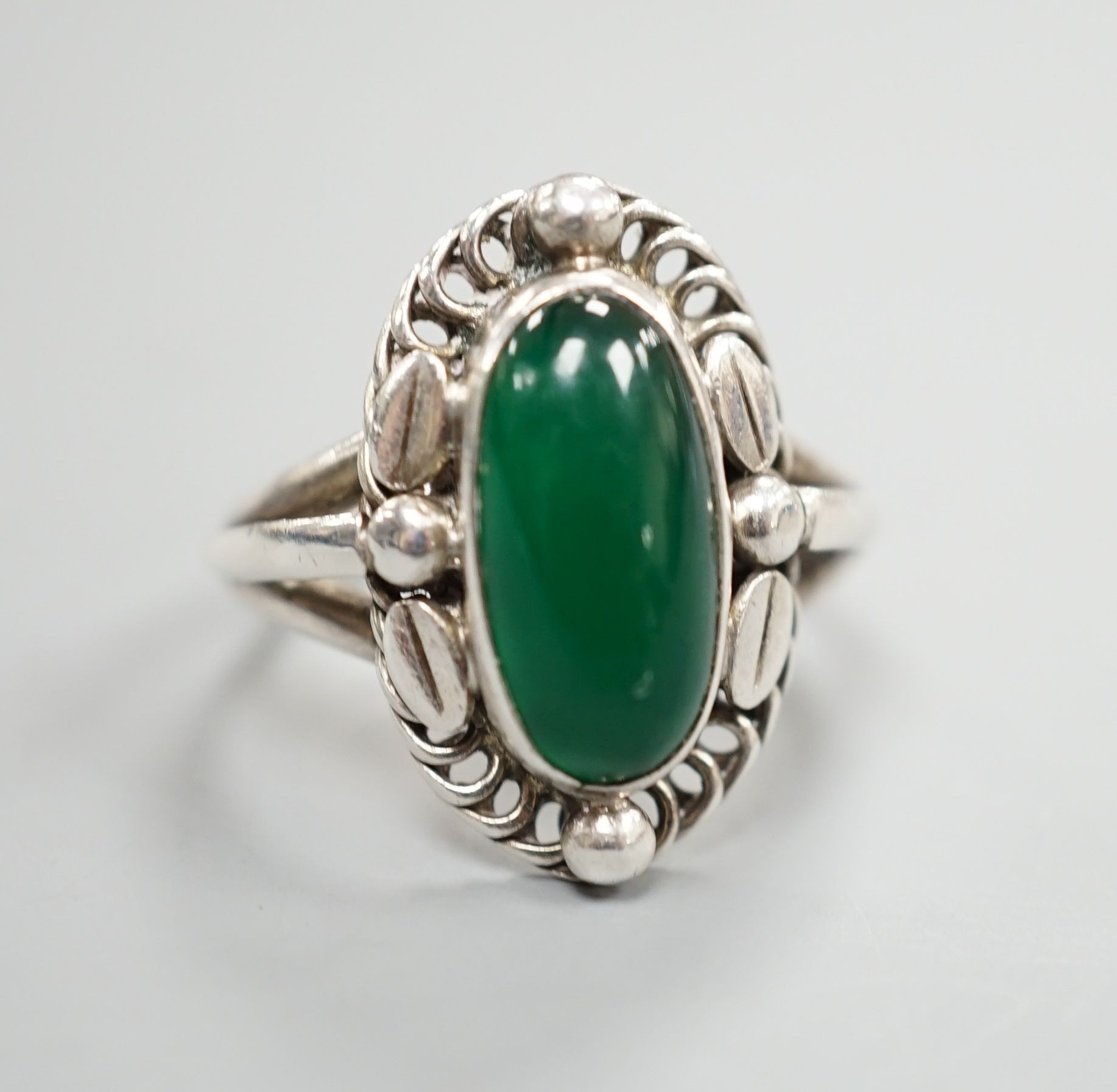 A Georg Jensen sterling and cabochon chrysoprase set dress ring, no.1, size O.